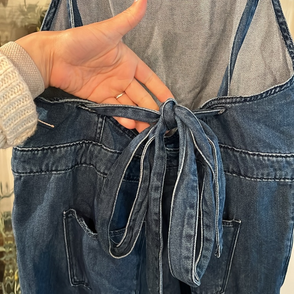 Wide Leg Open Back Tie Jumpsuit Overall Denim Jeans - Picture 4 of 6